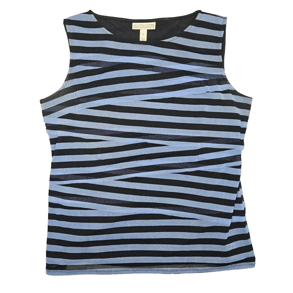 Dana Buchman Women's Large Blue & Black Striped Layered Sleeveless Tank Top Blou